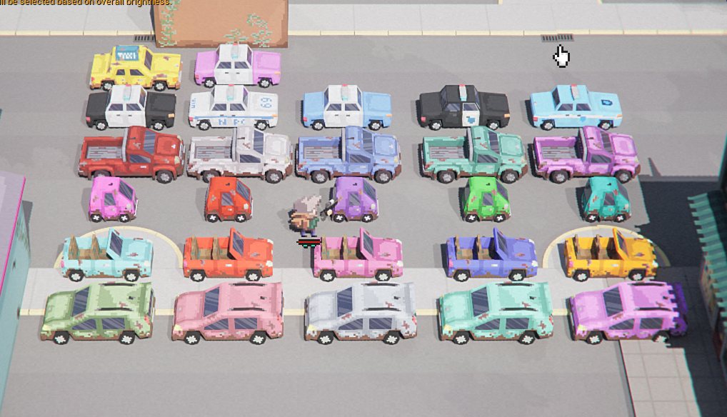 All the car variants I made, lined up in a parking lot