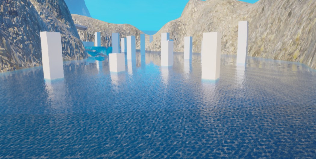 Off Course blockout: white boxes standing in open water between untextured rocks