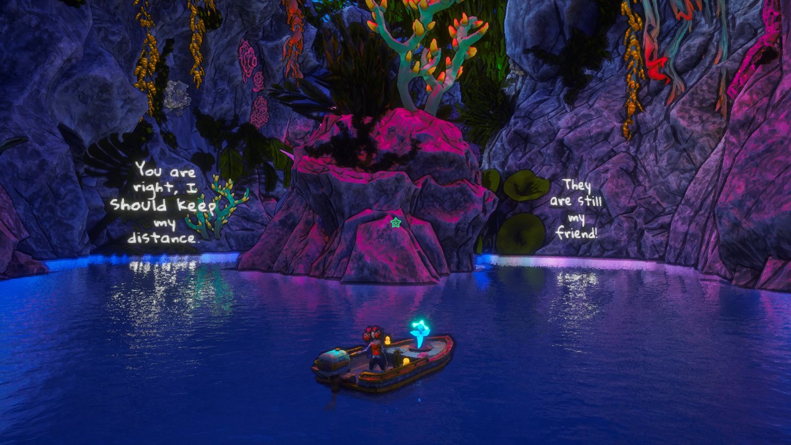 Off Course final: the boat on a glowing lake in front of painted rocks and handwritten thoughts