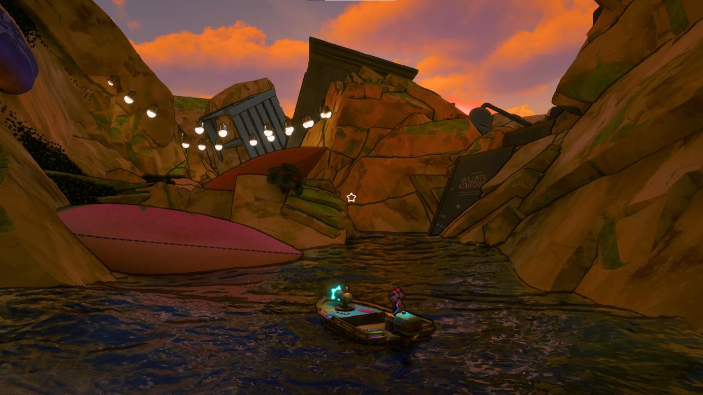 Level 1 in engine: canyon at dusk with string lights