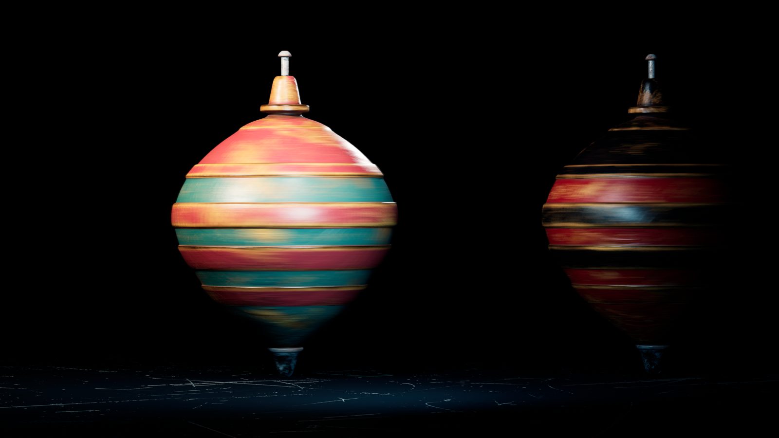 Spin: two spinning tops lit in darkness