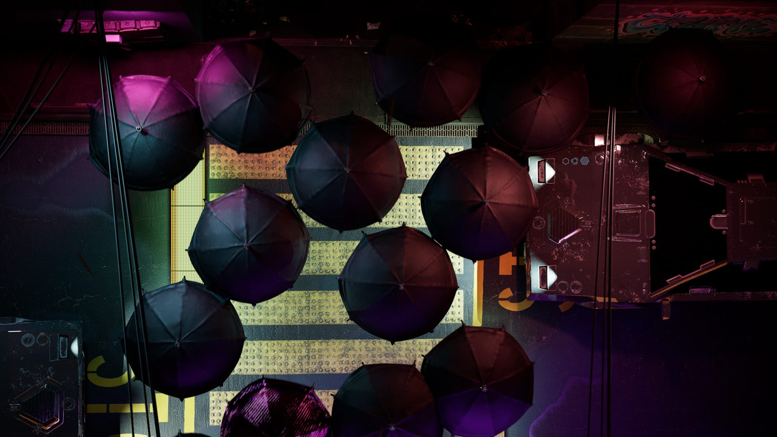 Spin: dark room filled with dome-shaped surveillance cameras