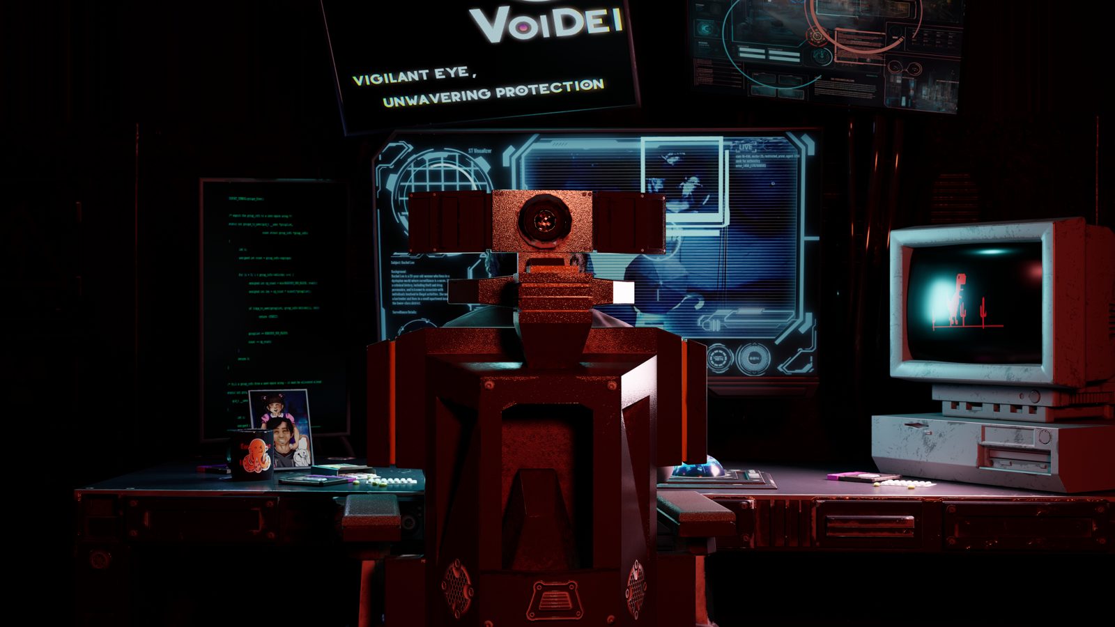 Still from Spin: a surveillance workstation with a camera robot, glowing monitors and a family photo