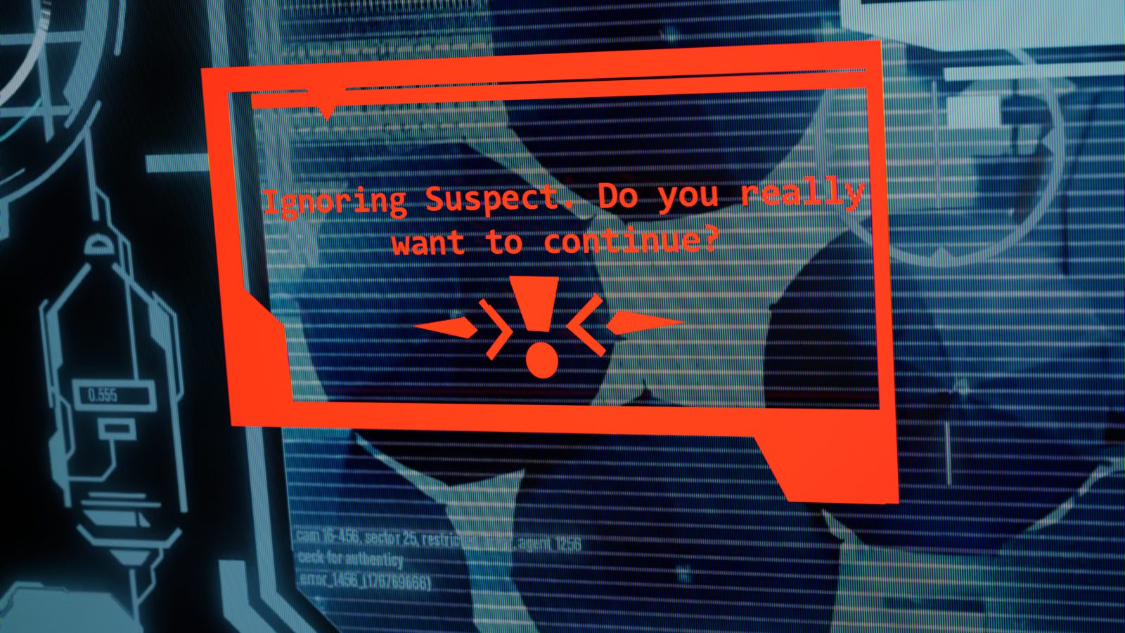 Spin: a red 'suspect' warning over the surveillance interface
