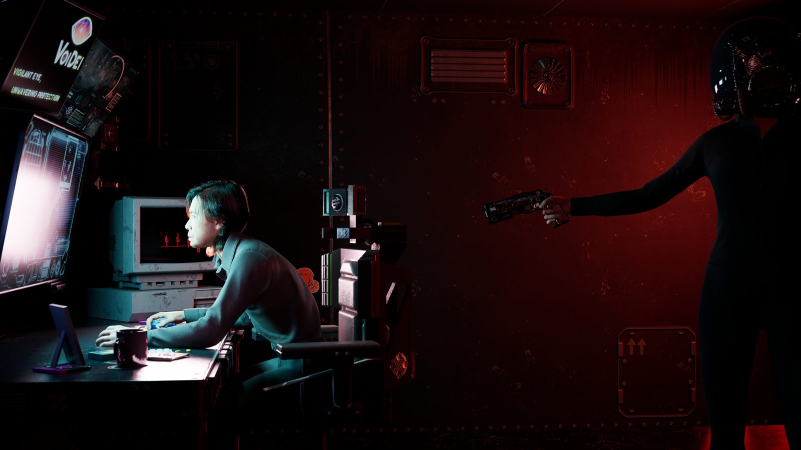 Final: the employee at his desk while an armed figure steps out of the dark