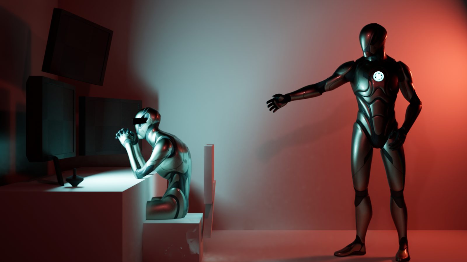 Previs: a mannequin at a desk while a second mannequin points at him