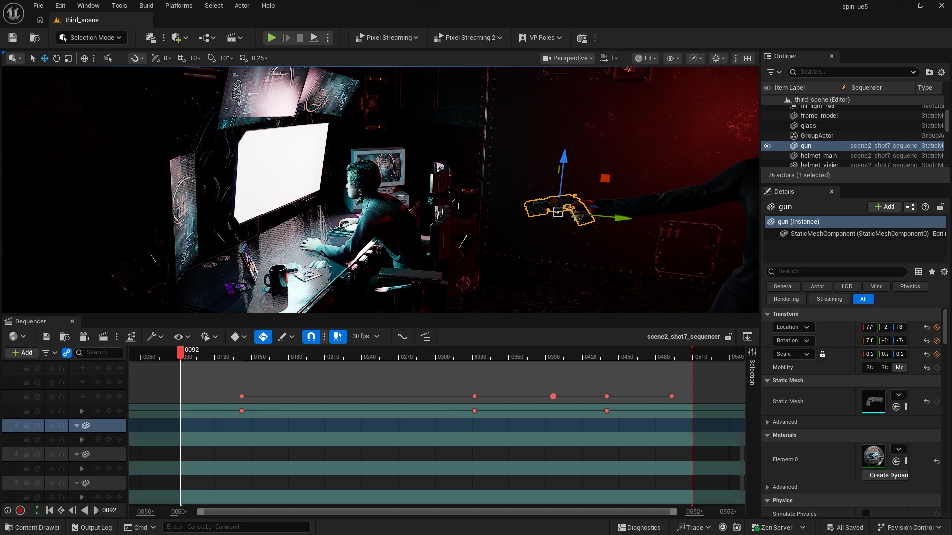 Unreal editor: the confrontation shot seen from outside the camera, the gun selected, keys in Sequencer