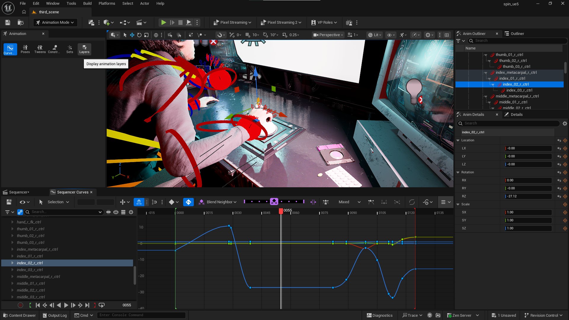 Unreal animation mode: the character's hand control rig over the globe button, with finger curves in the Sequencer curve editor