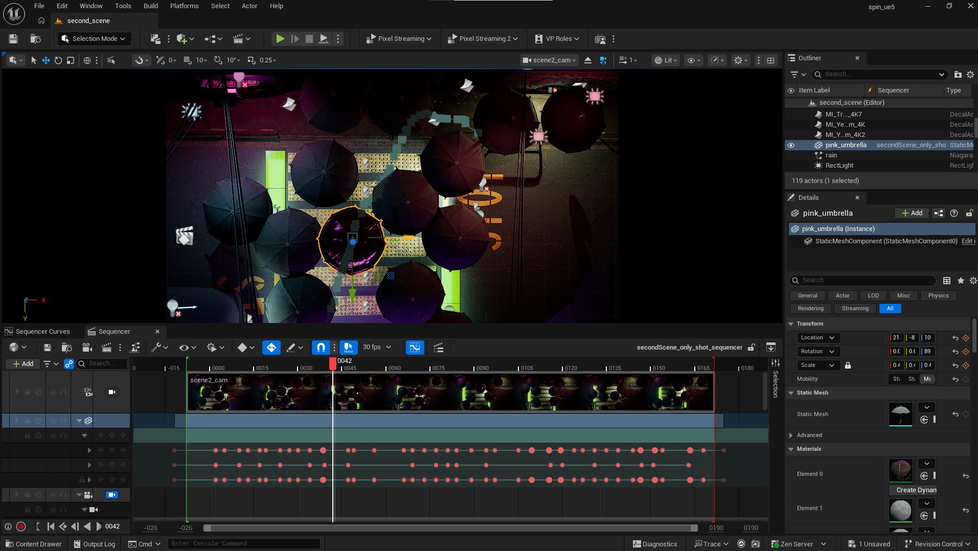 Unreal editor: top-down umbrella scene with a pink umbrella selected and dense transform keys in Sequencer